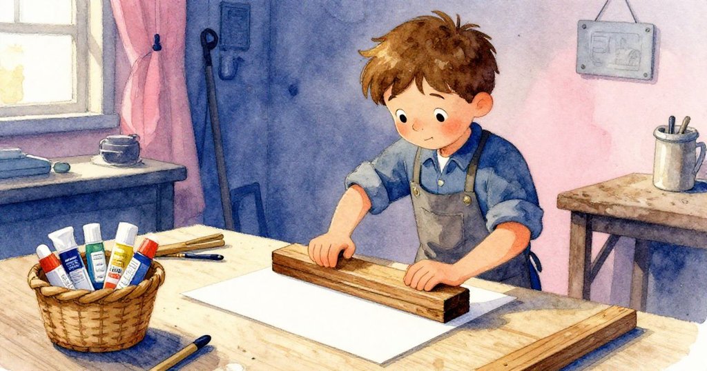 Quinn在工坊內巧妙轉動木條壓貼面板,同時膠棒籃子落入框架,動作流暢展現解決混亂的智慧。