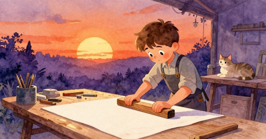 Quinn完成工作,按壓完美貼面板,旁邊貓咪靜臥,工作室恢復平靜,展現結尾寧靜與安心。