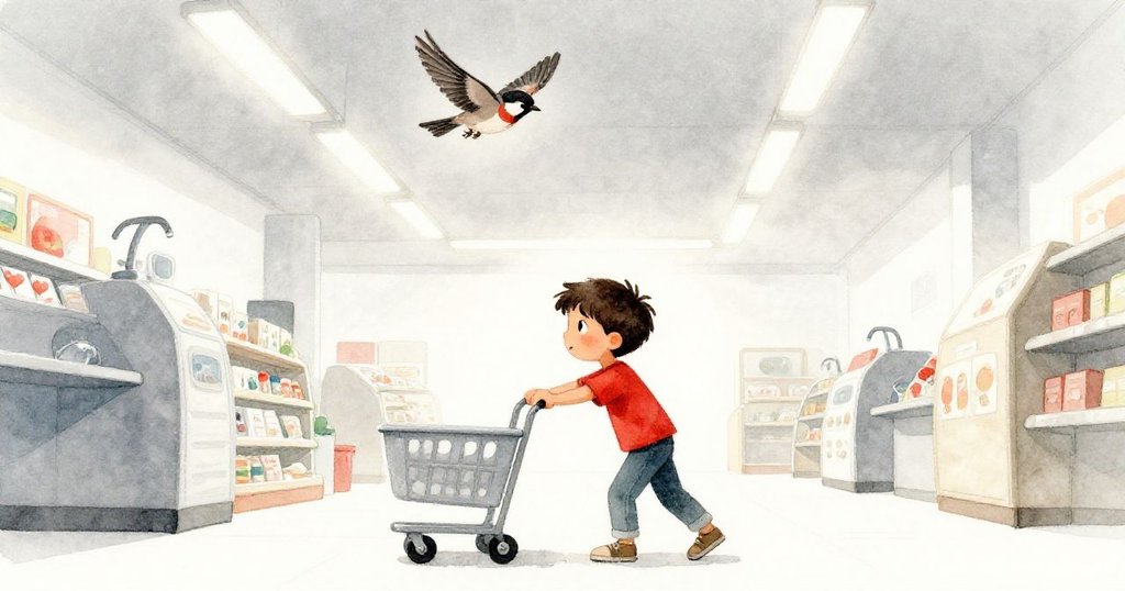 Max站在高挑的購物空間,用力推著銀色推車,身旁有飄動的麻雀,神情專注而充滿期待。