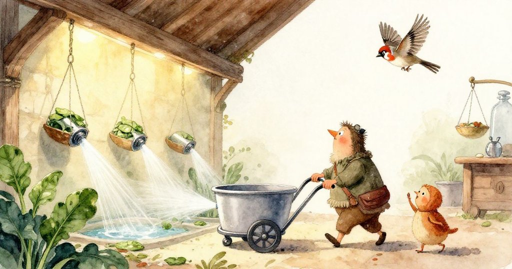 透過半掩的門縫觀察,孩子們興奮地用籃子撿著水果,麻雀輕巧掀動價牌,營造出活潑歡樂的商店氣氛。