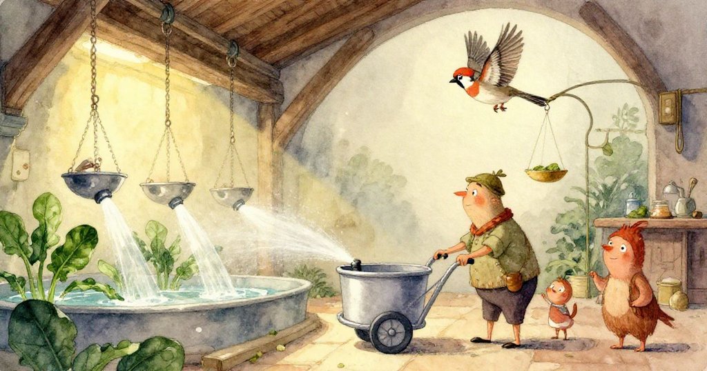 在夢幻般的扭曲空間中,計重秤與細小標籤變形延伸,旁邊推車與孩子倆的身影隱現,充滿超現實感。