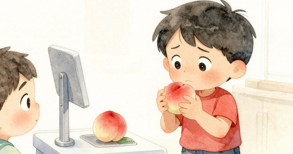 在計重區前,Max近距離展現內心掙扎,眼神深思地挑選兩顆熟透桃子,溫柔中透露堅定決心。