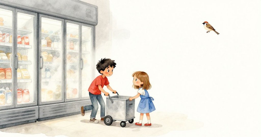 Max和Uma在出口附近推著吱嘎作響的銀色推車,穿過覆著薄霧的冰箱門,旁邊麻雀安靜棲息,呼應了故事的初始畫面。