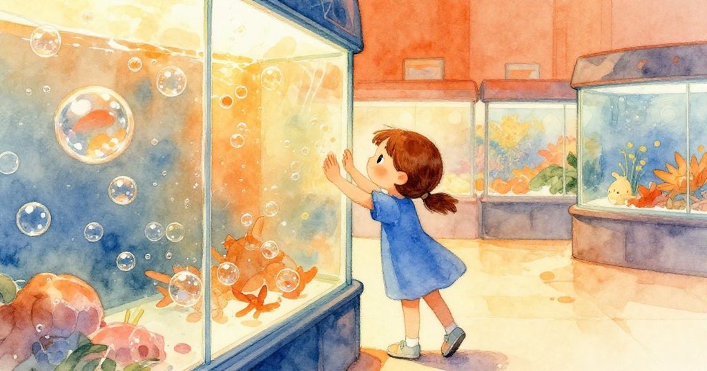 Dina站在水族館展區，按著冰涼玻璃，背景明亮充滿泡泡，眼神期待，展現故事開頭情境