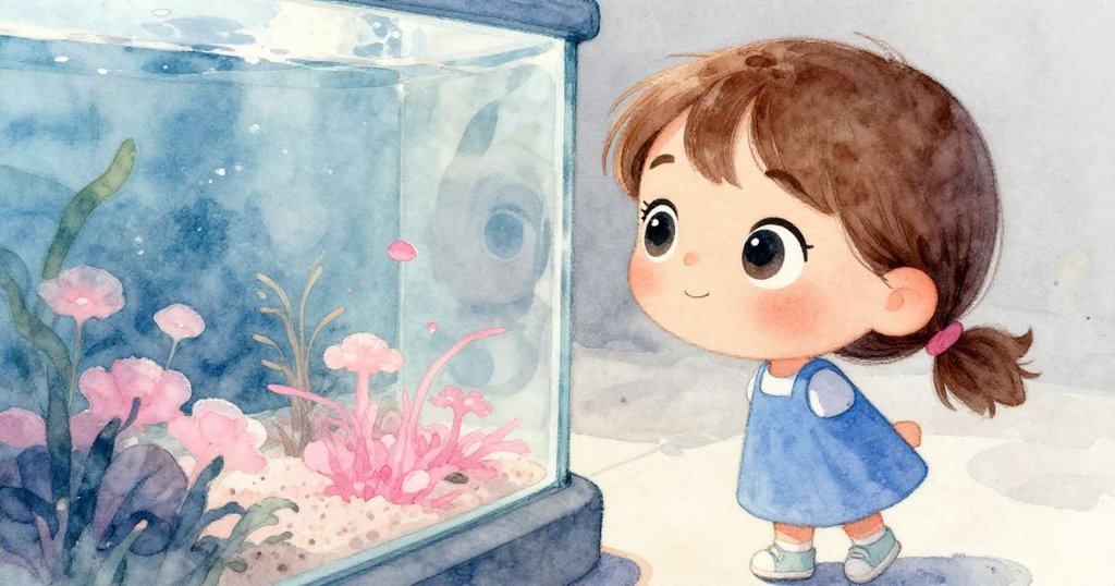 Dina專注凝視水族館的玻璃，眼中映出泡泡與水中世界，臉上表現出驚奇與堅定，故事發展初期情景