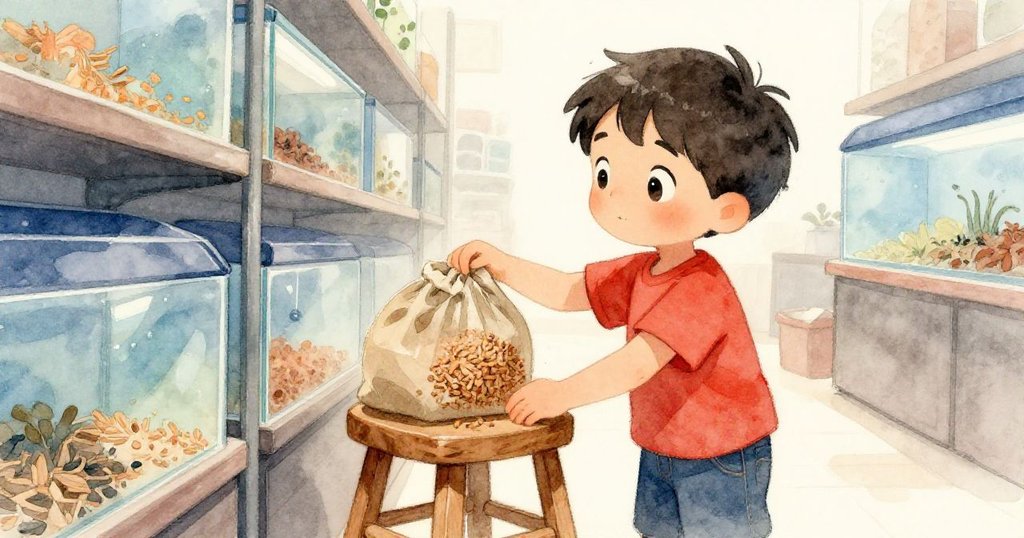 Hugo在水族館內巧妙運用雪松木屑固定凳子，動作專注，細節清晰呈現屋內環境，故事發展關鍵一幕