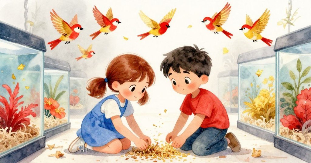 Dina與Hugo齊心合作清理散落的雪松木屑，驚起欄中細小鳥兒，場面緊湊充滿專注與默契