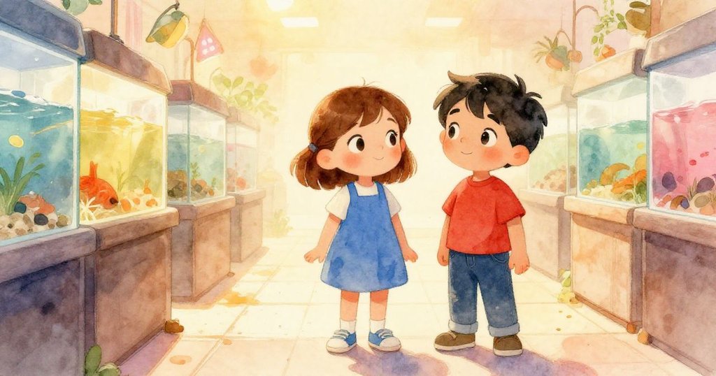 Dina與Hugo站在整理乾淨的水族館中，滿臉笑容展露成功喜悅，微微雪松塵跡象徵新開始，故事圓滿結局