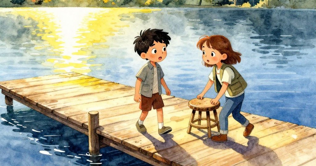 Amos談話表情專注，Tara推動木凳，湖邊陽光斜照，木板與水面交織，故事開端活力展現。