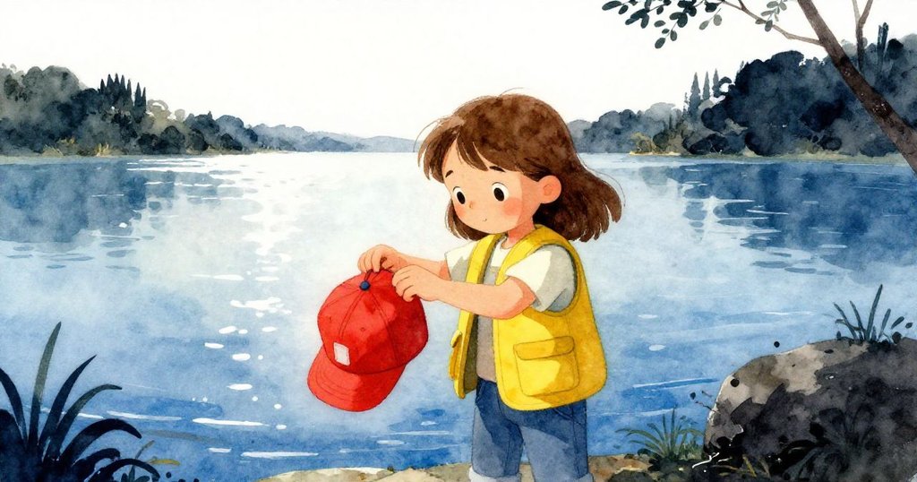 Tara調整帽簷以避強光，專注操作釣竿，湖面廣闊背景襯托，準備迎接垂釣挑戰。