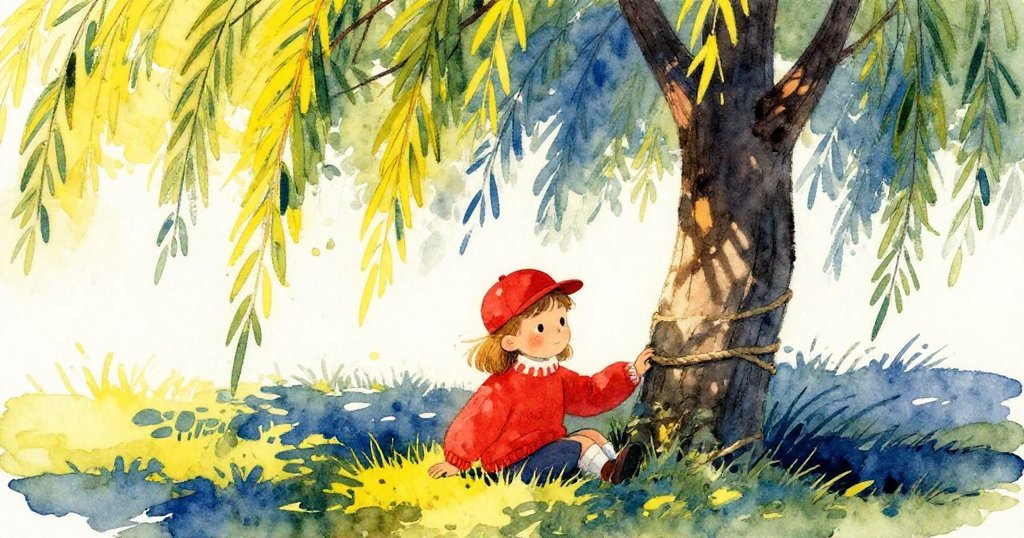 Bea專注拉線於柳蔭下，微笑映入斑駁光影，畫面角度傾斜增添動感，故事步入平靜節奏。