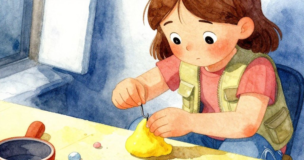 Tara專心捏製餌料，手指細膩感受金屬釣鉤，表情堅定而掙扎，細節透露內心戲劇性變化。