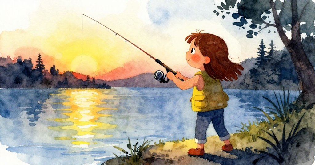 Tara淡定投竿，浮標隨水面起伏於隱約陰影中，湖邊燈光交錯，結局留下無限懸念。