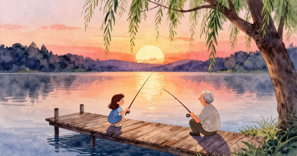 麗莉在湖邊木板上蹲著，爺爺在釣魚，柳樹搖曳，日落光線灑下，呈現平靜的自然景致與開始的探索。