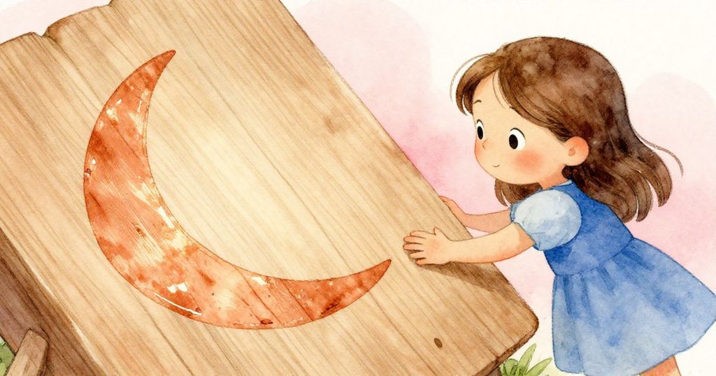 麗莉輕觸泛銅色月牙印記的木板，背景留白展現探索細節，流露好奇心與發現的初步驚喜。