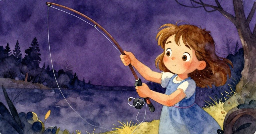 麗莉專注地操控釣竿，漁線糾結成鳥巢般的結，臉上寫滿憂心與決心，呈現動態挑戰。