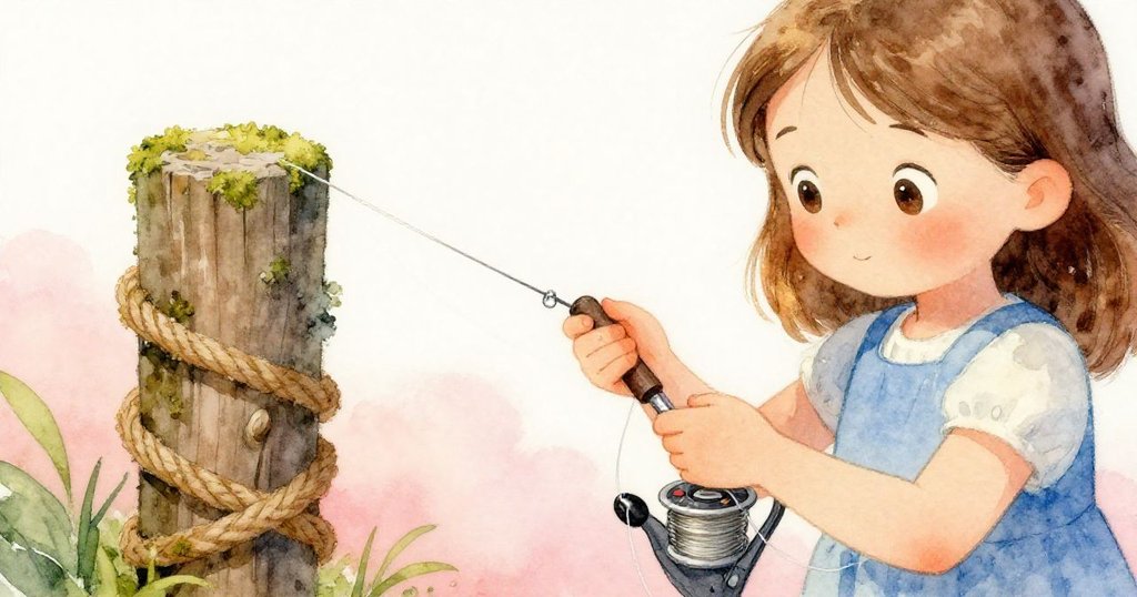 麗莉專注地在繩結旁整理釣線，手部細緻動作在水珠與塵埃映襯下顯得格外溫馨。