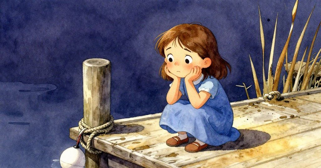 麗莉站在木板上猶豫是否拉浮標，面露堅定與憂慮，背景中裂痕蘆葦與乾泥彰顯挑戰。