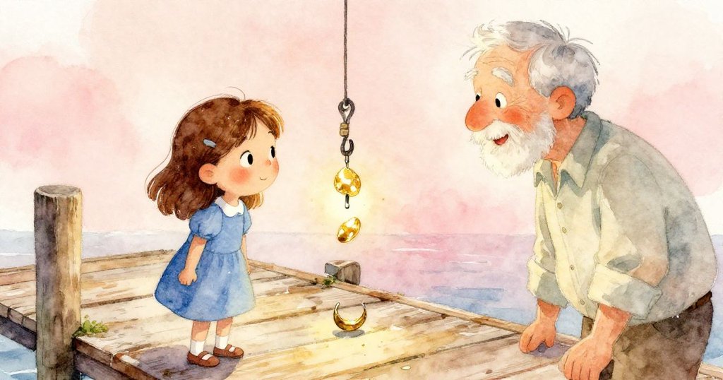 麗莉回到木板前，輕拭塵埃露出閃亮魚鉤與金色餌料，爺爺微笑鼓勵，呈現努力後的溫馨成就。
