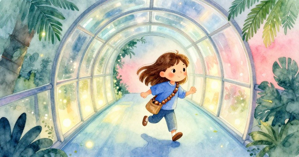 薩拉急速穿梭於柔和藍光的觀察隧道，手持速記包木珠輕敲地板，散發期待與活力的早晨氛圍。