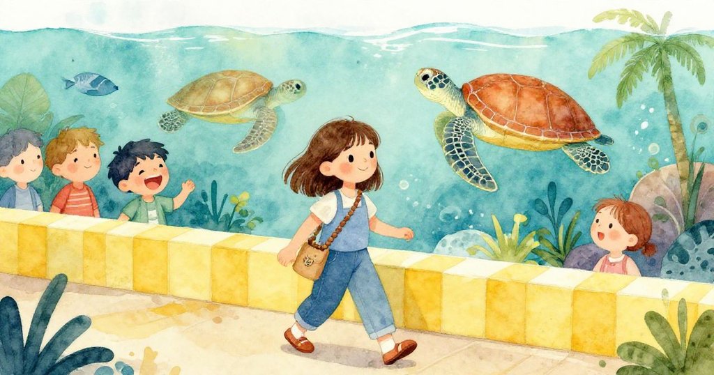 薩拉在黃線欄杆旁精準前進，旁邊男孩笑著，看眾人圍繞海龜池，層次豐富展現期待與活力。