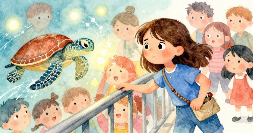 薩拉在緊張瞬間輕觸欄杆，海龜噴水照亮燈光，現場觀眾凝神注目，展現懸疑而活力的一刻。