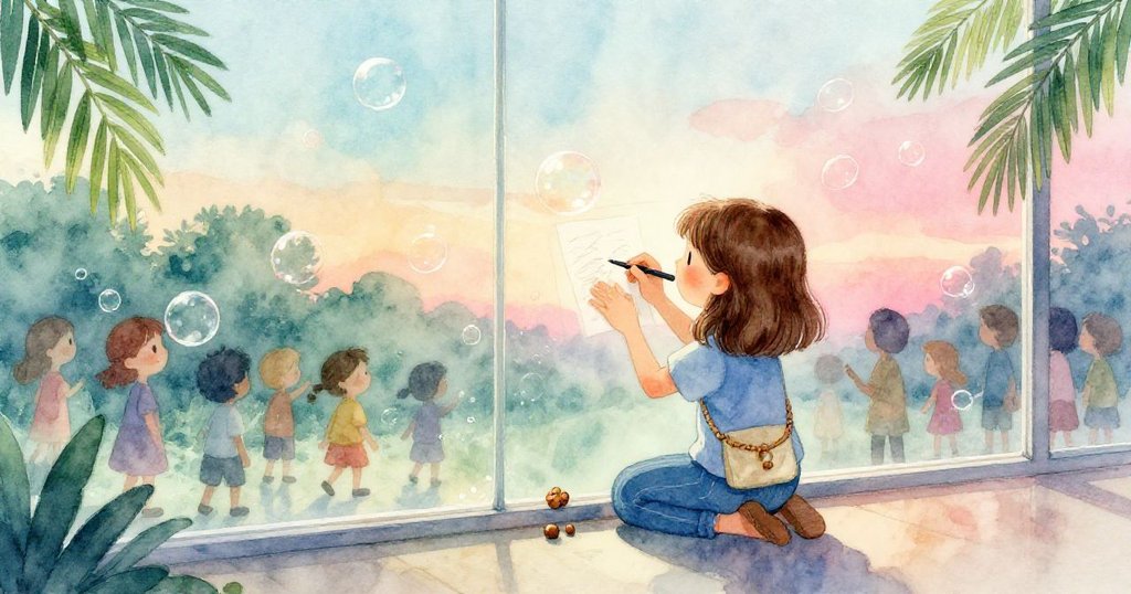 薩拉獨立於玻璃前展開速寫本，泡泡閃爍映襯人群漸散，溫暖光線中心境平靜告別壯麗表演。