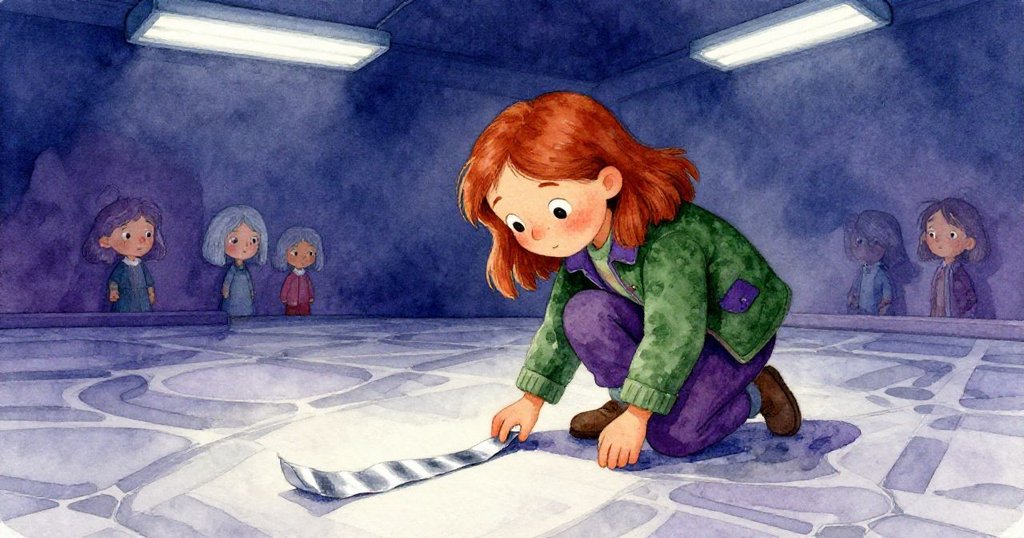 Cora正俯身撿拾銀色紙條，背景是室內藍灰色引導線與瓷磚，面帶好奇，燈光帶出神秘氣氛，情節剛開場