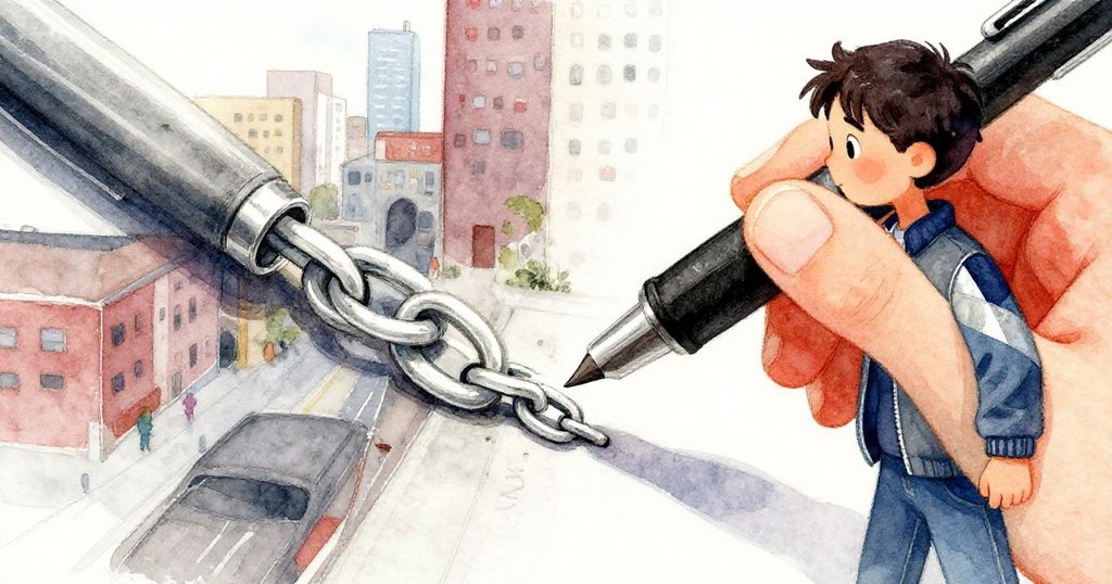 Grant的手正在接觸斷裂的筆鏈，筆細節銹白金屬明顯，背景帶有現代櫃檯與斑駁膠帶，情感專注細膩