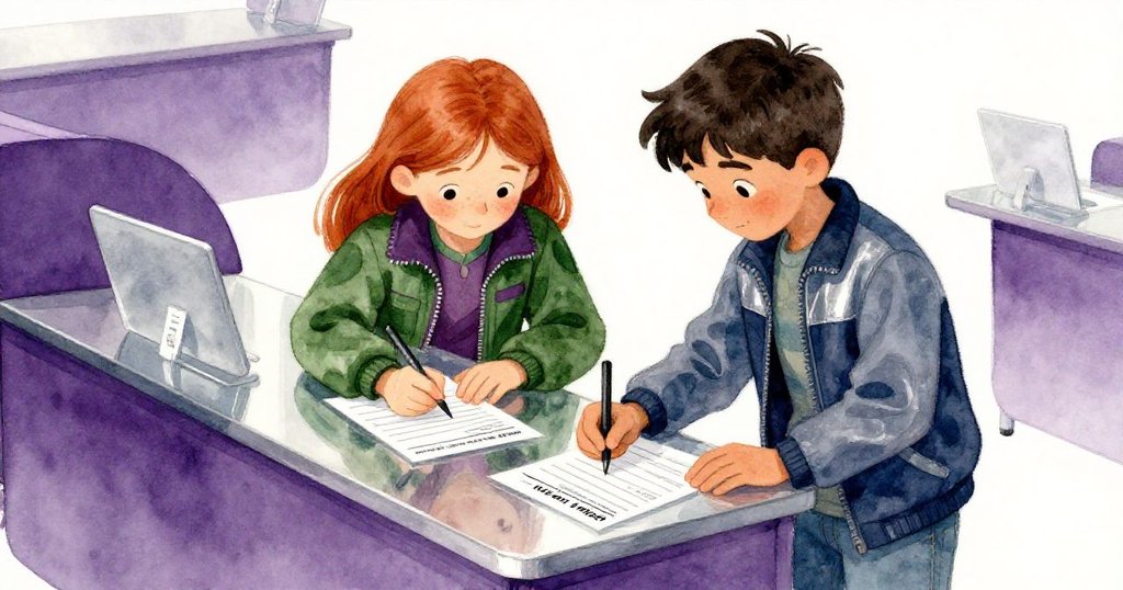 Cora與Grant在光亮桌面前寫表格，桌面映出他們專注神情與紙張、標籤細節，反射出現代室內的清冷氛圍