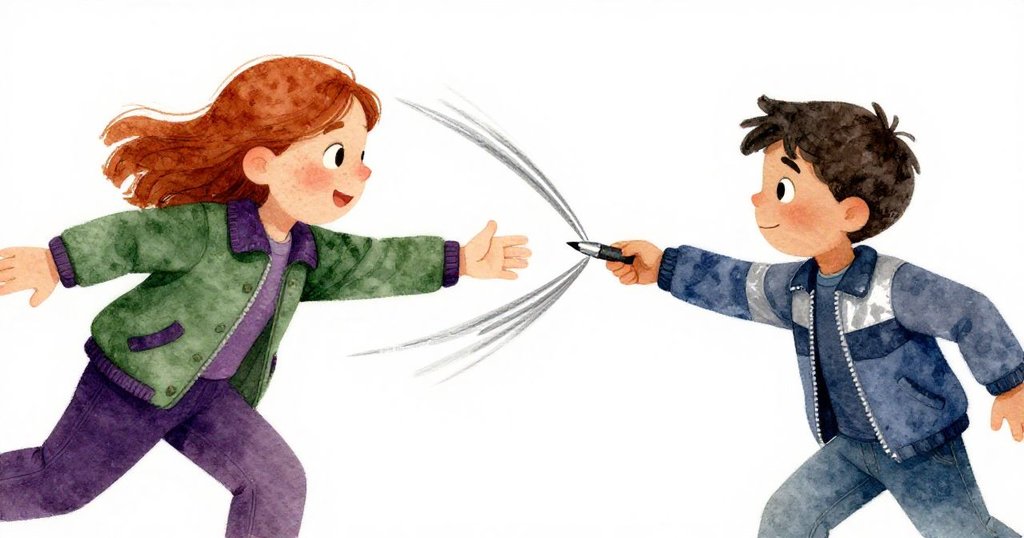 Cora與Grant激動地傳遞著描繪飛舞的筆，動作迅捷表現合作精神，細節展現表格與桌面殘留物，充滿活力