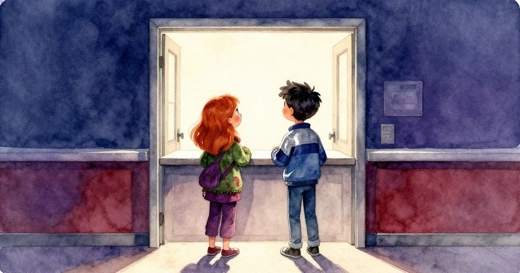 完成表格後Cora與Grant望向明亮開門，背景室內與通道交融，表情充滿期盼與解脫，展開新篇章