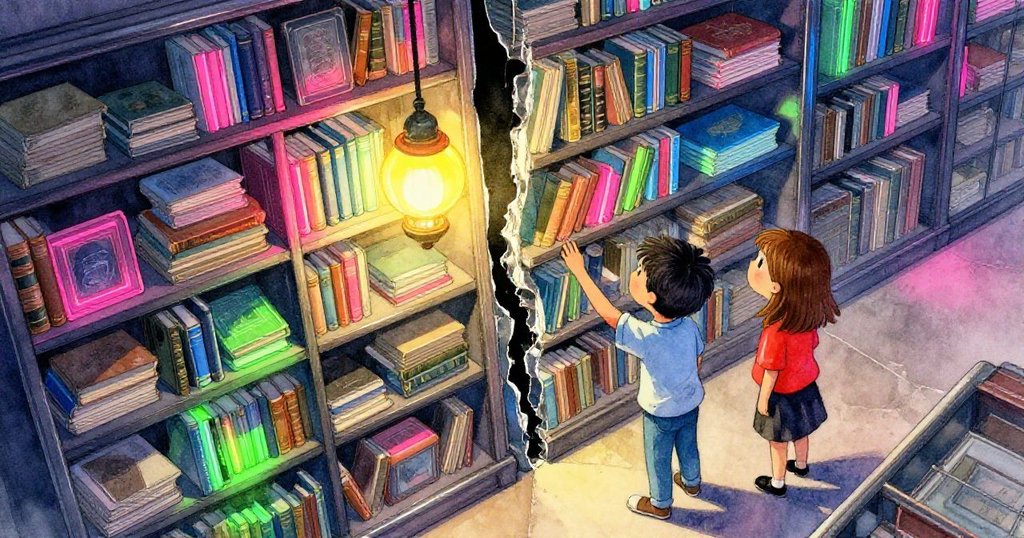 Cal 與 Lena 站在充滿暖燈光的圖書館上方,Cal 正輕撫缺口書架,環境古樸,表情充滿好奇與期待。