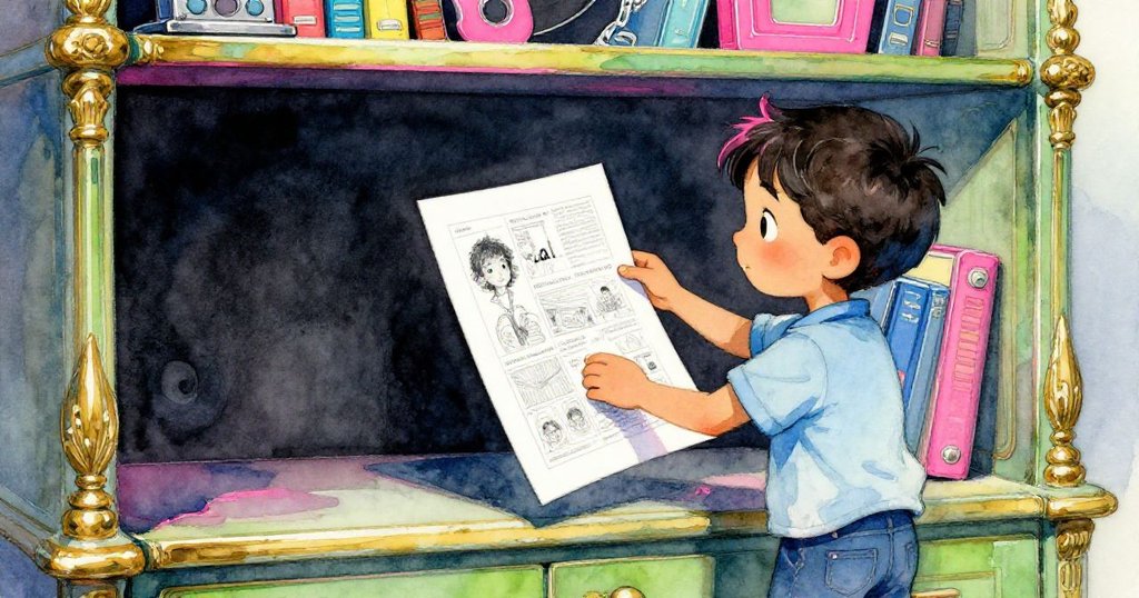 Cal 手持印出文件仔細比對缺號空缺,書架上金色書脊與空隙互映,背景細緻充滿謎樣光影。