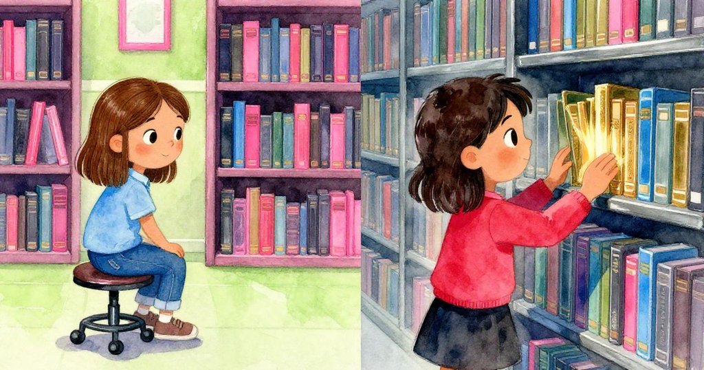 Lena 輕推腳踏凳向前移動,同時 Cal 仔細查看燈光下金裝書脊,雙面畫面展現合作與專注情緒。