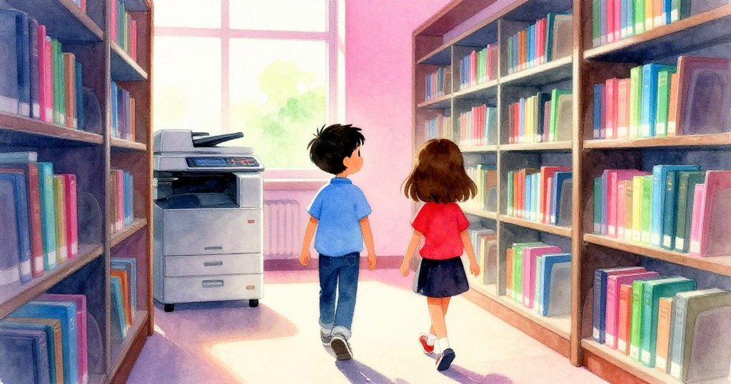 Cal 與 Lena 穿越明亮走廊,邁步向窗邊影印機處,室內燈光與自然光交融,動作協調而堅定。