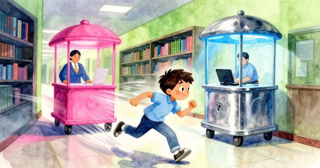 Cal 看著手錶急步前行,圖書館走廊中一位店員推動手推車,動感模糊線條渲染出時間緊迫感。