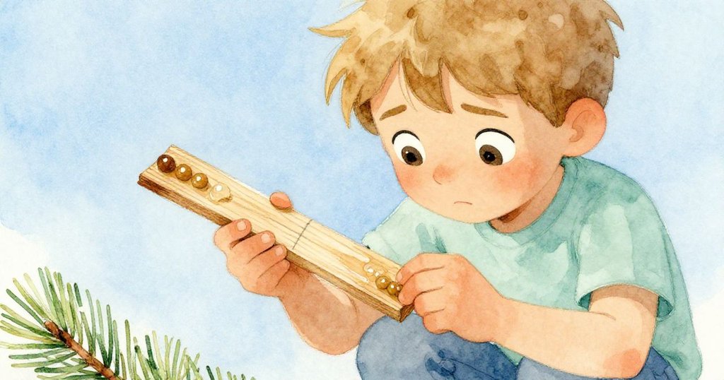 埃里克專注地檢視沾有膠珠的松木條邊緣，表情堅定，細節展示木紋與膠痕，洋溢著決心