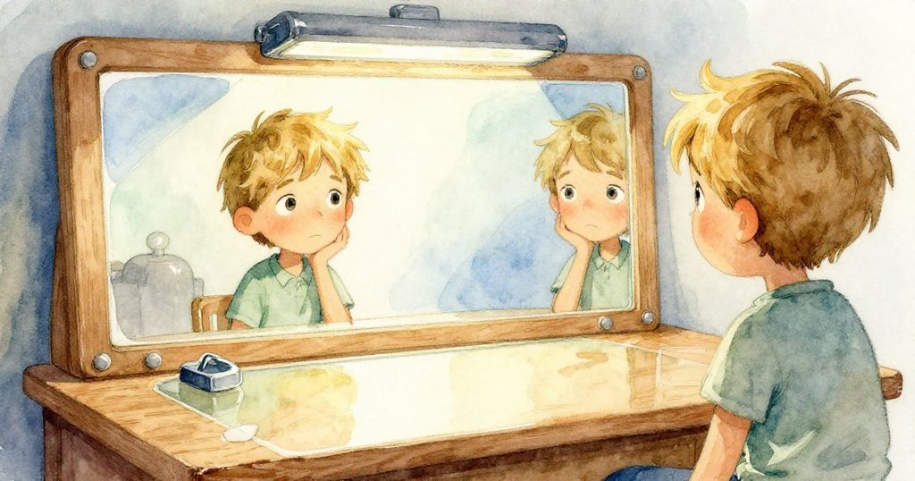 埃里克在工作台上反光表面前凝望自己，反射出他深思的神情與金屬夾子，環境寧靜而充滿內斂