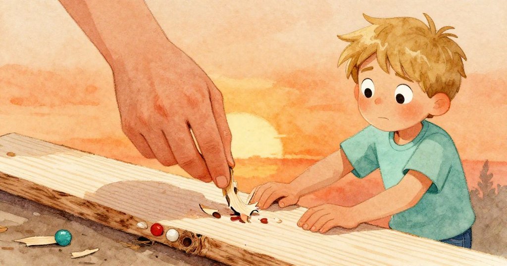 埃里克專注用拇指輕彈，釋放附著於膠珠上的木屑，背景透出夕陽橙與薄荷色調，細節豐富