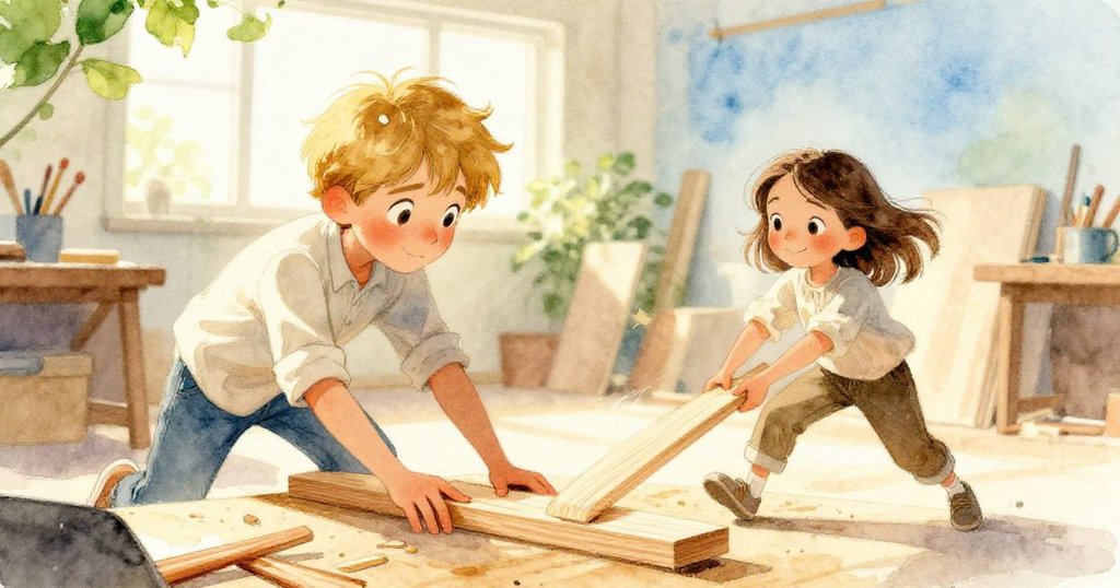 諾拉輕推木屑使細松木條滑入通道，埃里克迅速彎腰攔截，動感十足，背景工作室充滿晨光與活力