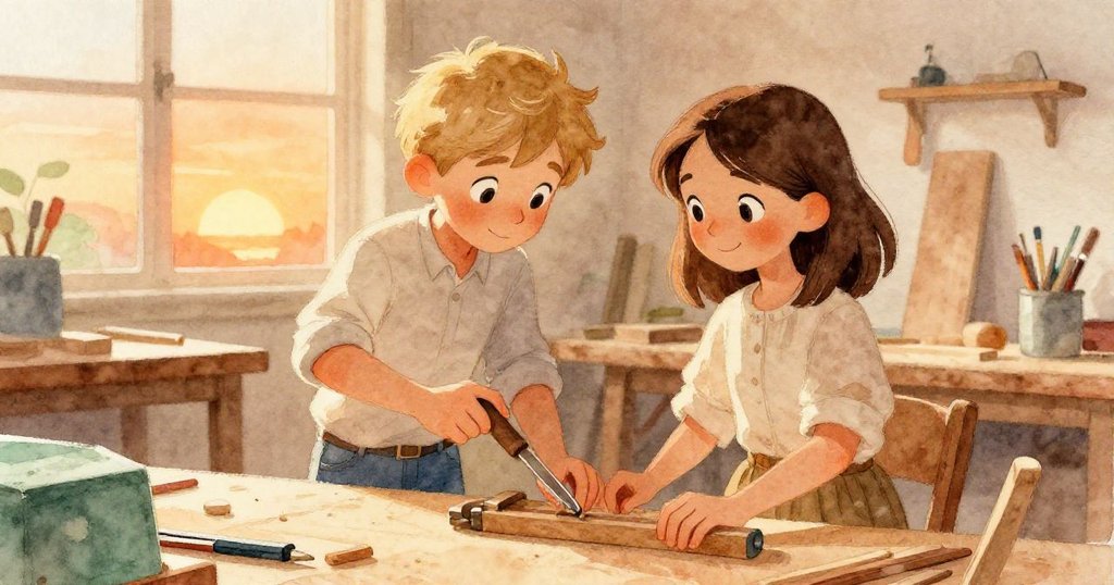 埃里克與諾拉在工作台上協作互換工具，埃里克調整夾具，雙雙面帶欣慰笑容，展現團隊合作的溫馨成果