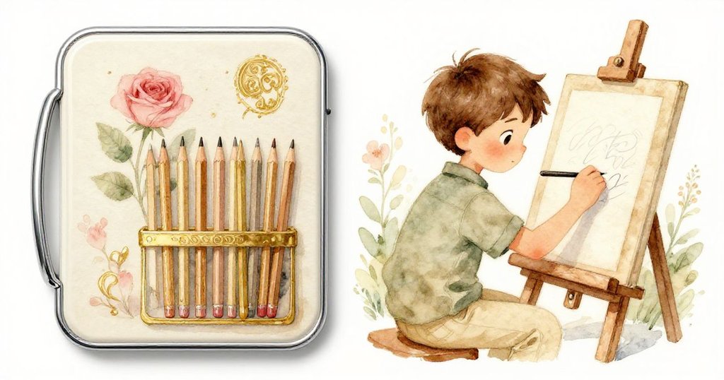 Cole在畫畫角落細心創作,旁邊展示光滑金屬把手與整齊排列鉛筆,流露出專注與創意情感。