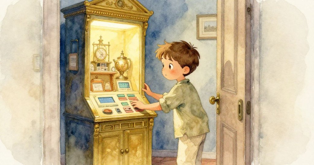 Cole透過微開門縫操作音頻導覽亭,輕掛耳機並翻閱語言面板,眼中充滿好奇與探索之情。