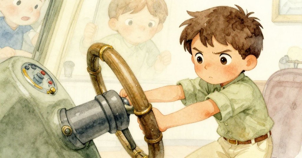 Cole專注用力抓住新操縱桿,面露堅持與內心掙扎,背景中的控制輪隱約呈現挑戰與希望。