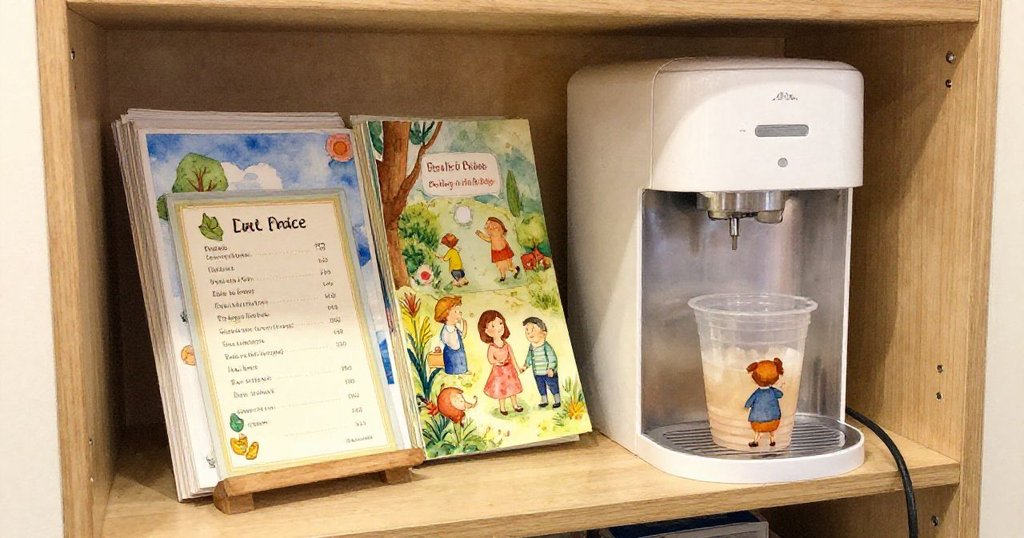 等待架上展示著層次豐富的細節，塑膠杯輕輕擺動，老舊海報與光澤雜誌呈現溫暖層次。