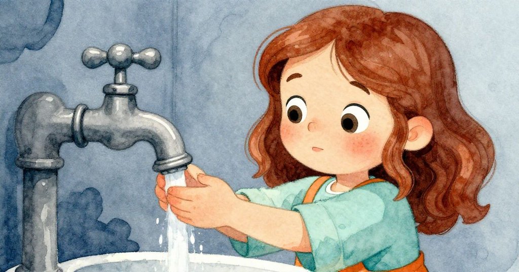 Ruby 臉上展現專注神情，仔細調整姿勢面對突發噴水情景，背景呈現淡藍與深色光影。