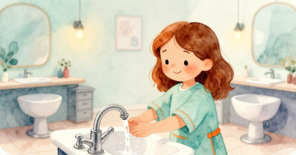 Ruby 面帶微笑放鬆站在恢復平靜的美髮沙龍中，柔和光線和諧環境營造安寧結局。