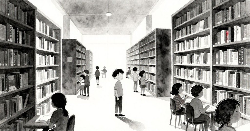 Finn在現代圖書館中穿越擁擠人群，臉上堅定，身邊有眾多讀者和高書架，氣氛忙碌卻充滿溫暖。