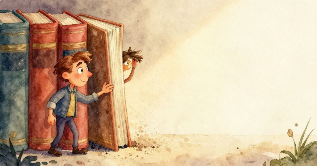 Finn用手指探索書架間隙，感受涼風吹起塵埃，細節豐富書本紋理，氛圍神秘而安靜。